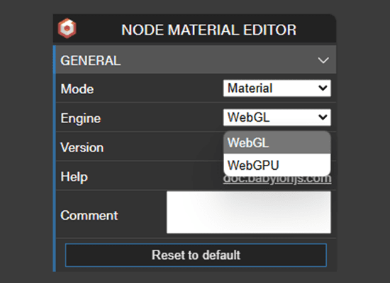 The settings panel of the Node Material Editor with a new dropdown to select between WebGL and WebGPU versions.